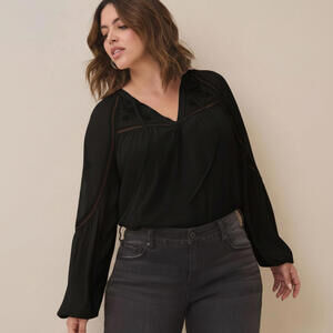 #2440 Torrid Black Crinkle Chiffon Embroidered Peasant Long Sleeve Top Size 2X